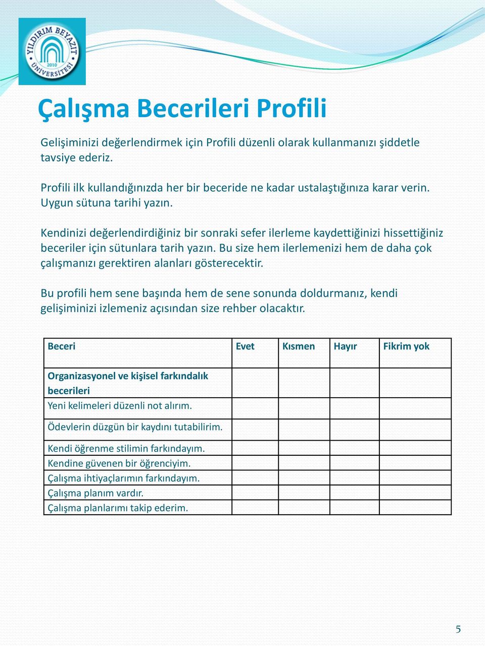 Kendinizi değerlendirdiğiniz bir sonraki sefer ilerleme kaydettiğinizi hissettiğiniz beceriler için sütunlara tarih yazın.