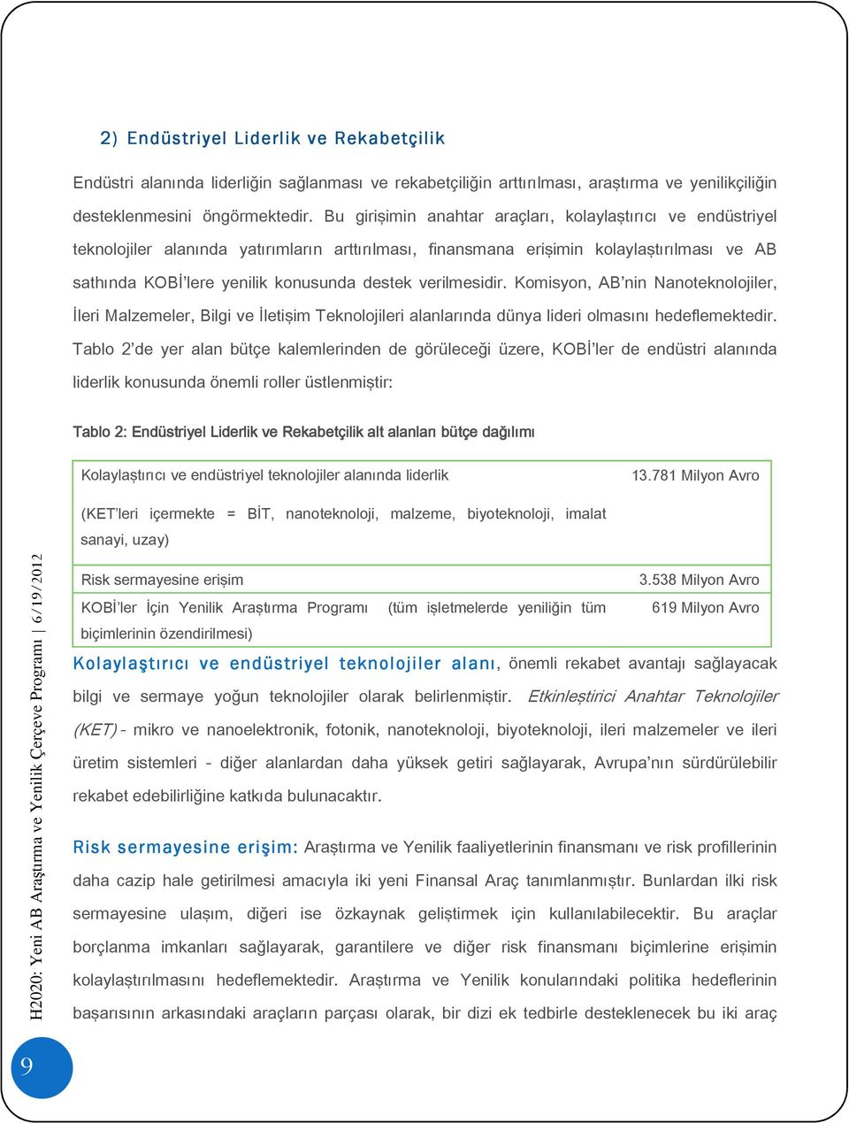 verilmesidir. Komisyon, AB nin Nanoteknolojiler, İleri Malzemeler, Bilgi ve İletişim Teknolojileri alanlarında dünya lideri olmasını hedeflemektedir.