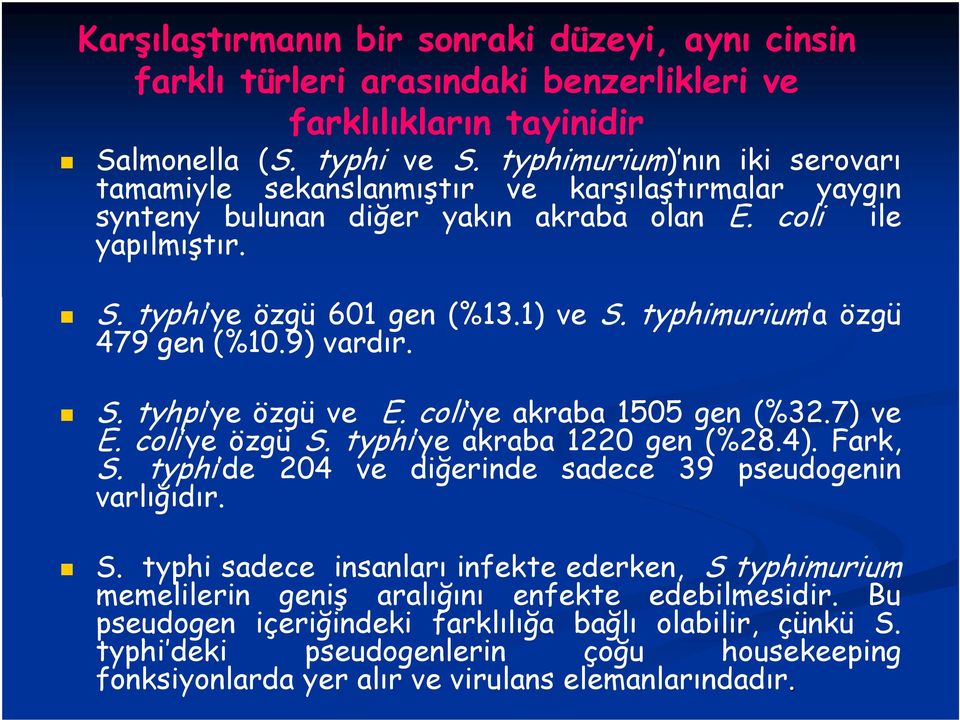 typhimurium a özgü 479 gen (%10.9) vardır. S. tyhpi ye özgü ve E. coli ye akraba 1505 gen (%32.7) ve E. coli ye özgü S. typhi ye akraba 1220 gen (%28.4). Fark, S.