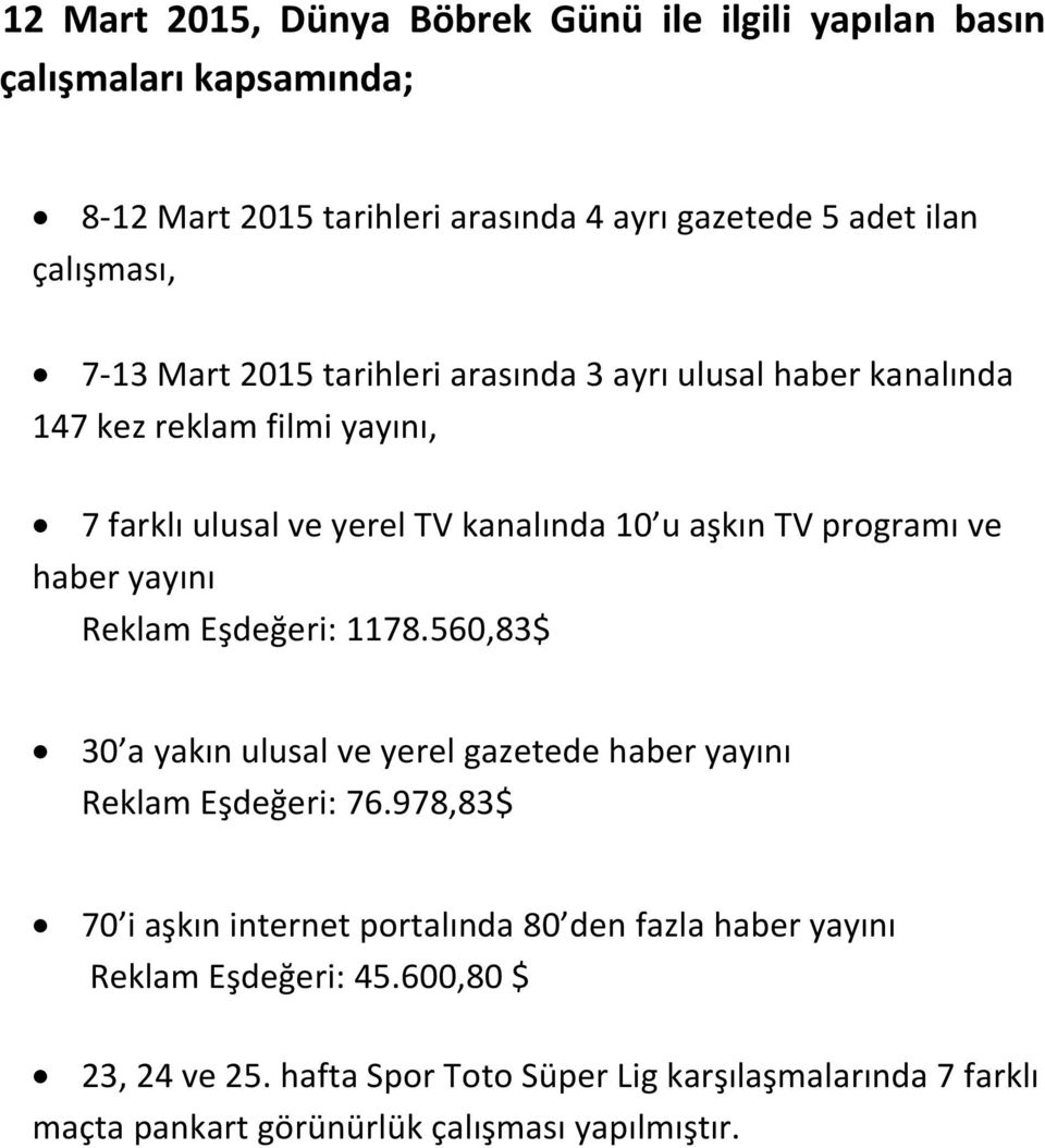 haber yayını Reklam Eşdeğeri: 1178.560,83$ 30 a yakın ulusal ve yerel gazetede haber yayını Reklam Eşdeğeri: 76.