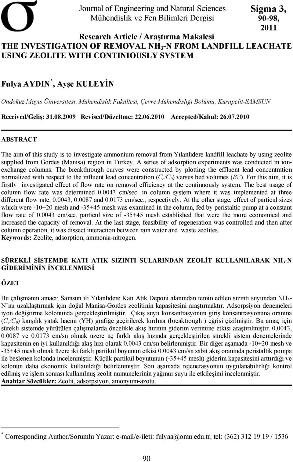 2009 Revised/Düzeltme: 22.06.2010 Accepted/Kabul: 26.07.