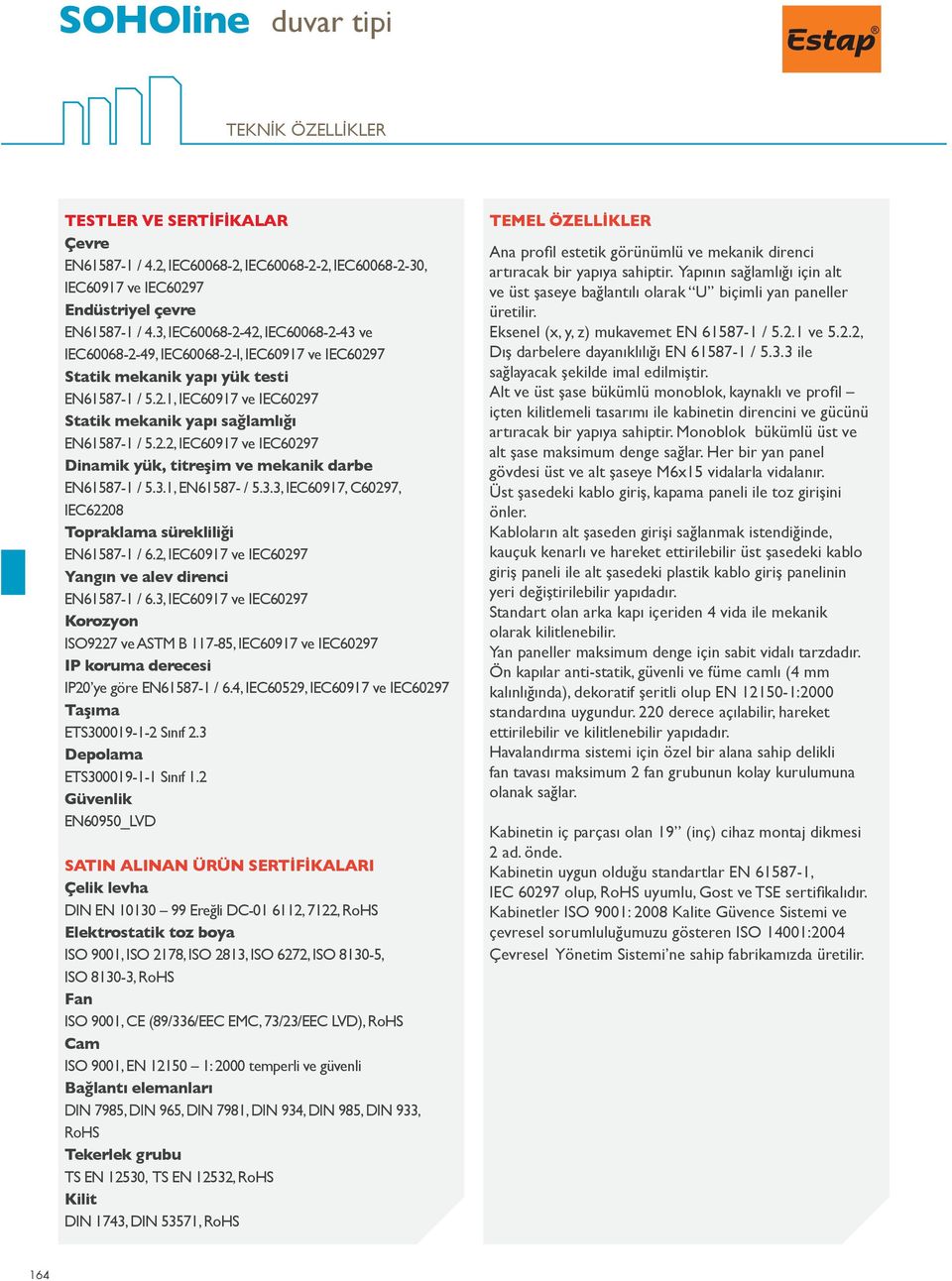 2.2, IEC60917 ve IEC60297 Dinamik yük, titreşim ve mekanik darbe EN61587-1 / 5.3.1, EN61587- / 5.3.3, IEC60917, C60297, IEC62208 Topraklama sürekliliği EN61587-1 / 6.