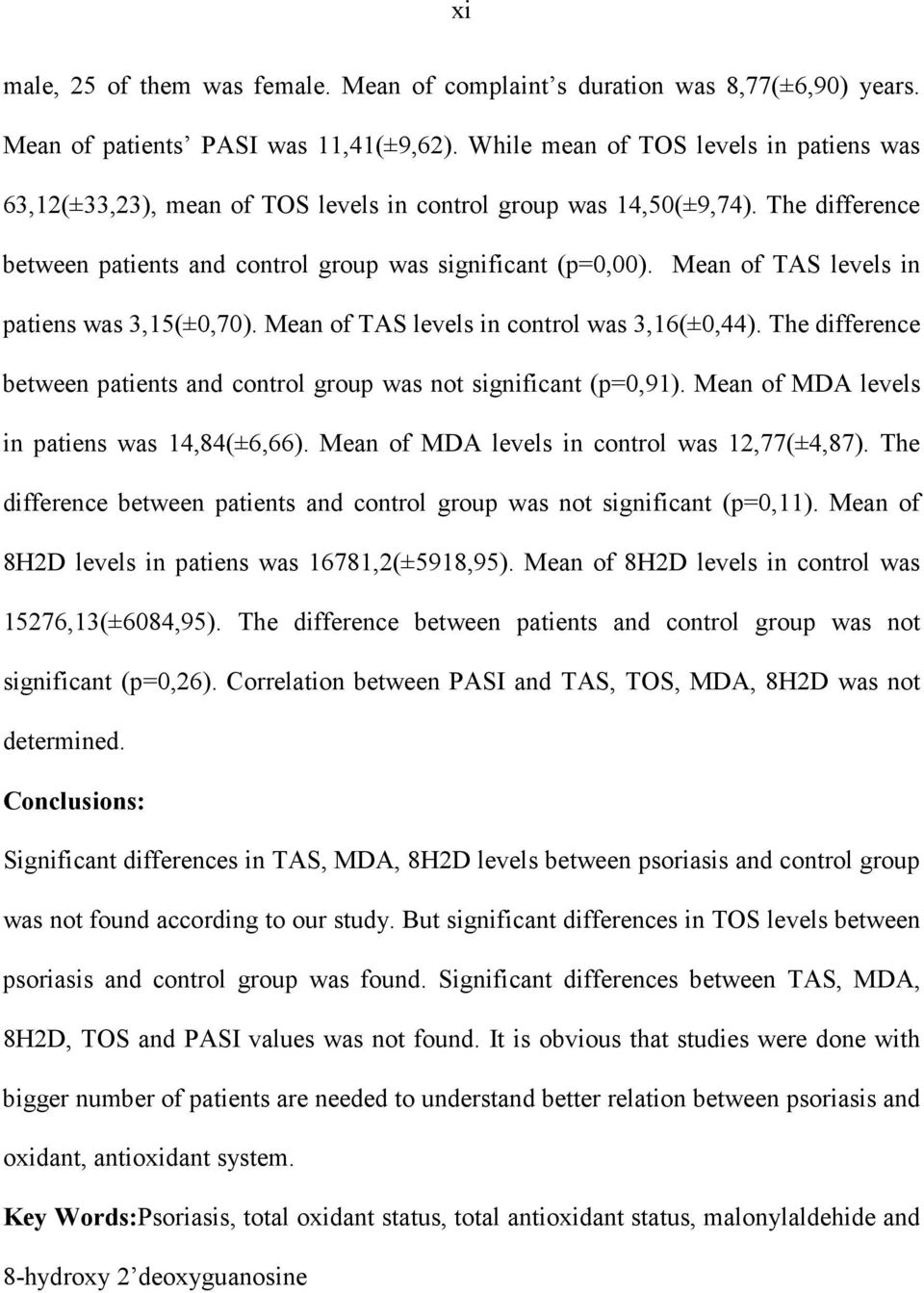 Mean of TAS levels in patiens was 3,15(±0,70). Mean of TAS levels in control was 3,16(±0,44). The difference between patients and control group was not significant (p=0,91).