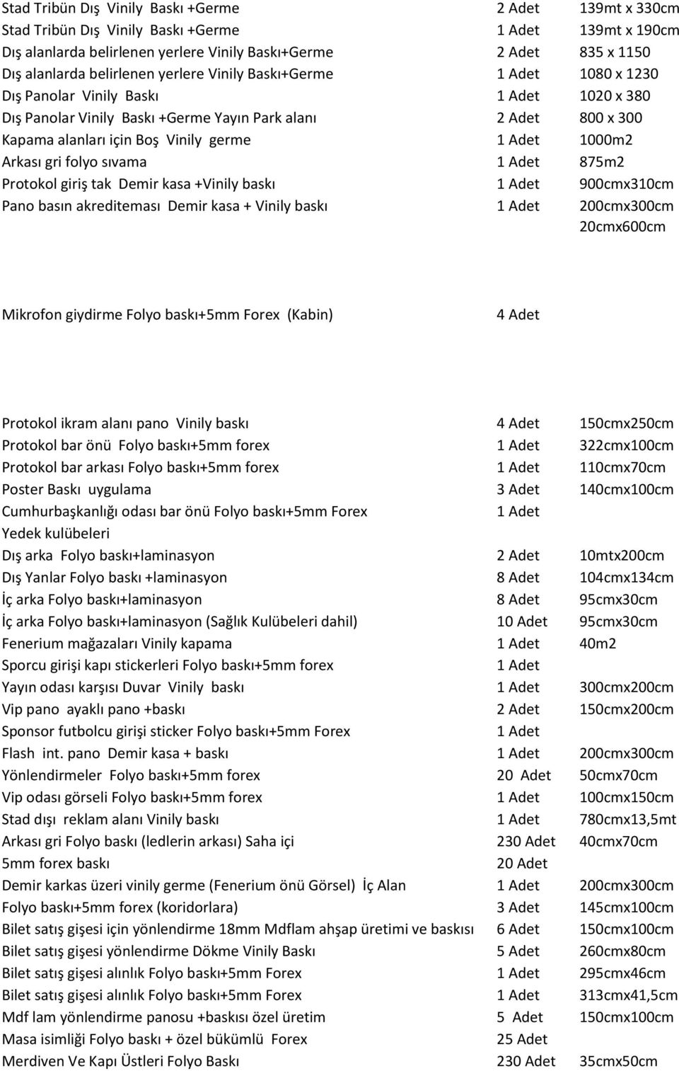 tak Demir kasa +Vinily baskı 900cmx310cm Pano basın akrediteması Demir kasa + Vinily baskı 200cmx300cm 20cmx600cm Mikrofon giydirme Folyo baskı+5mm Forex (Kabin) 4 Adet Protokol ikram alanı pano