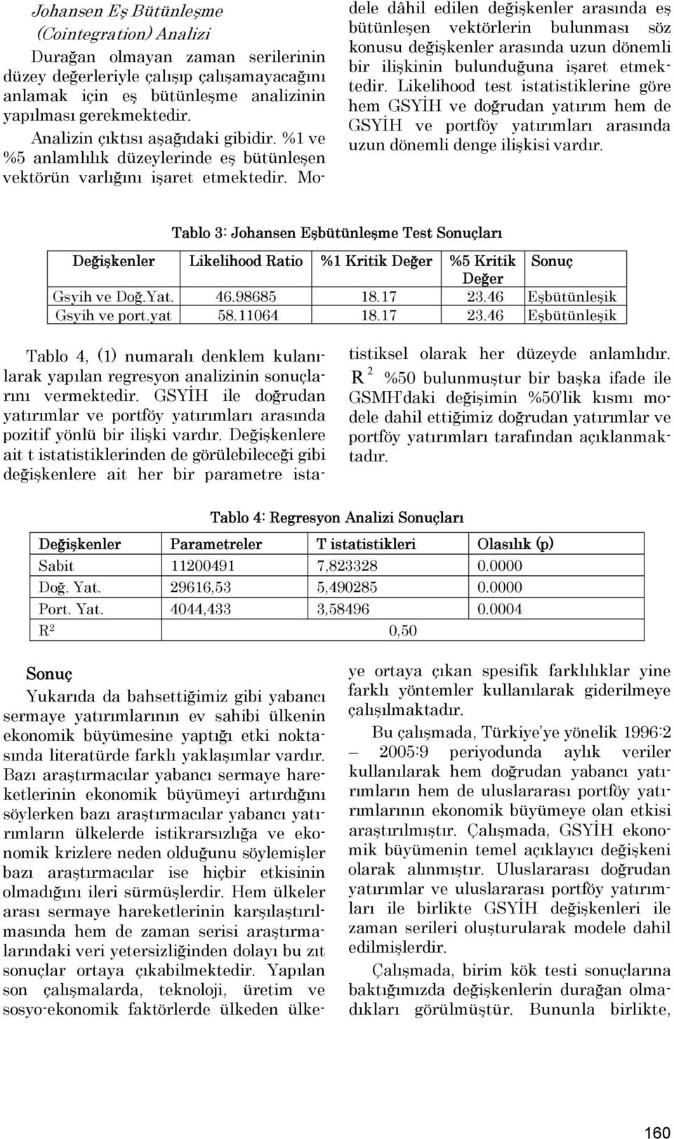 Modele dâhil edilen değişkenler arasında eş büünleşen vekörlerin bulunması söz konusu değişkenler arasında uzun dönemli bir ilişkinin bulunduğuna işare emekedir.