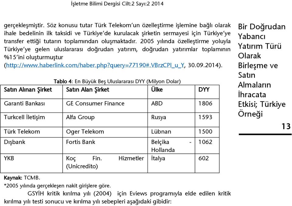 oluşmaktadır. 005 yılında özelleştirme yoluyla Türkiye ye gelen uluslararası doğrudan yatırım, doğrudan yatırımlar toplamının %15 ini oluşturmuştur (http://www.haberlink.com/haber.php?query=77190#.