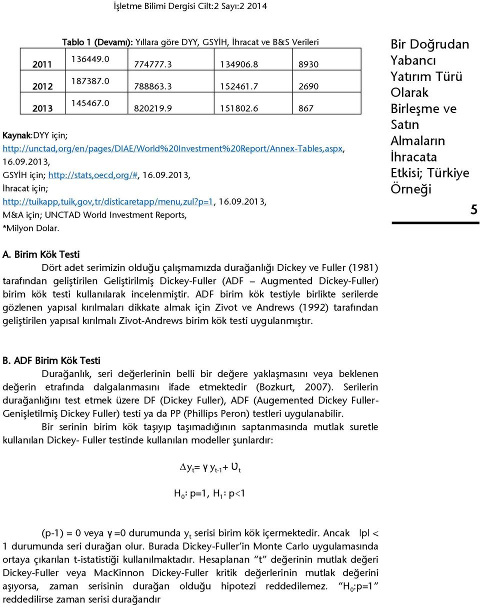 p=1, 16.09.013, M&A için; UNCTAD World Investment Reports, *Milyon Dolar. 5 A.