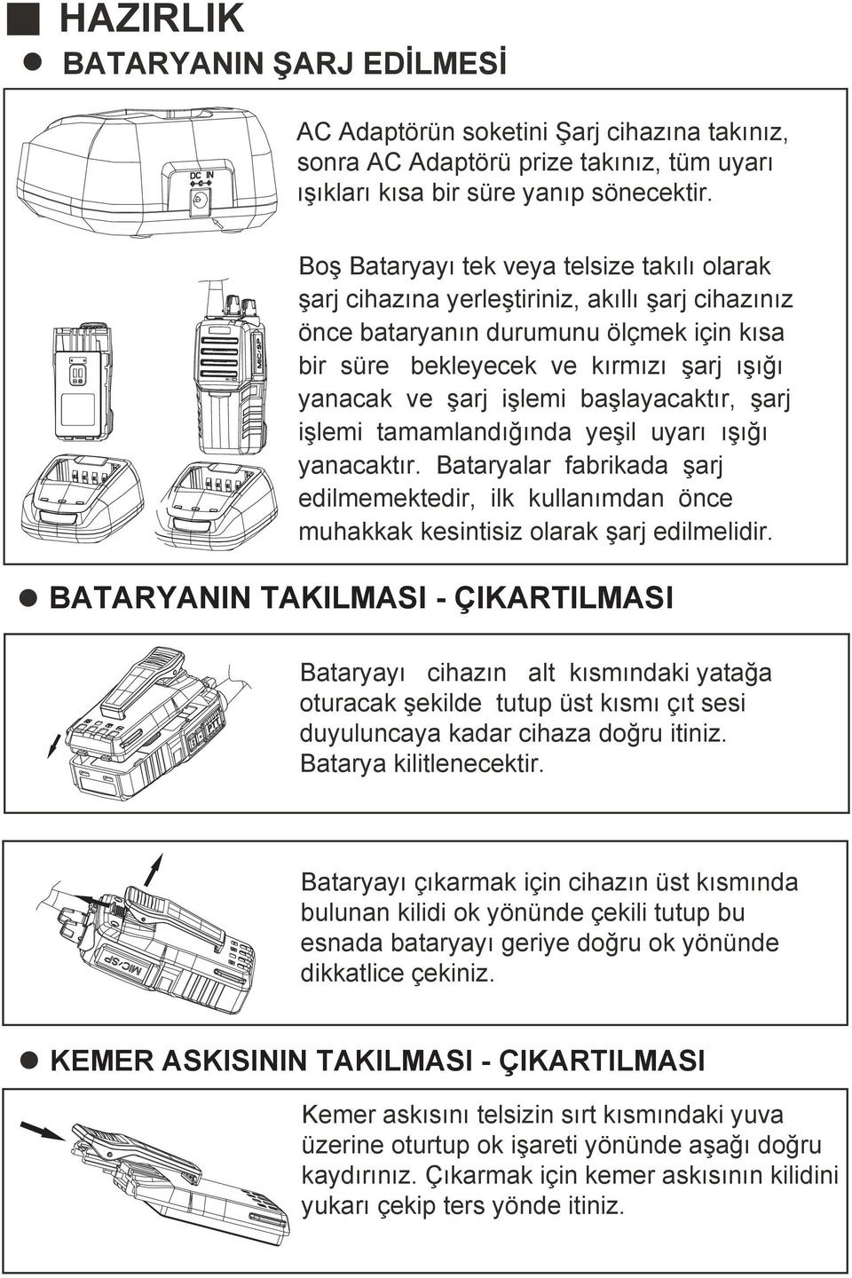 işlemi başlayacaktır, şarj işlemi tamamlandığında yeşil uyarı ışığı yanacaktır. Bataryalar fabrikada şarj edilmemektedir, ilk kullanımdan önce muhakkak kesintisiz olarak şarj edilmelidir.