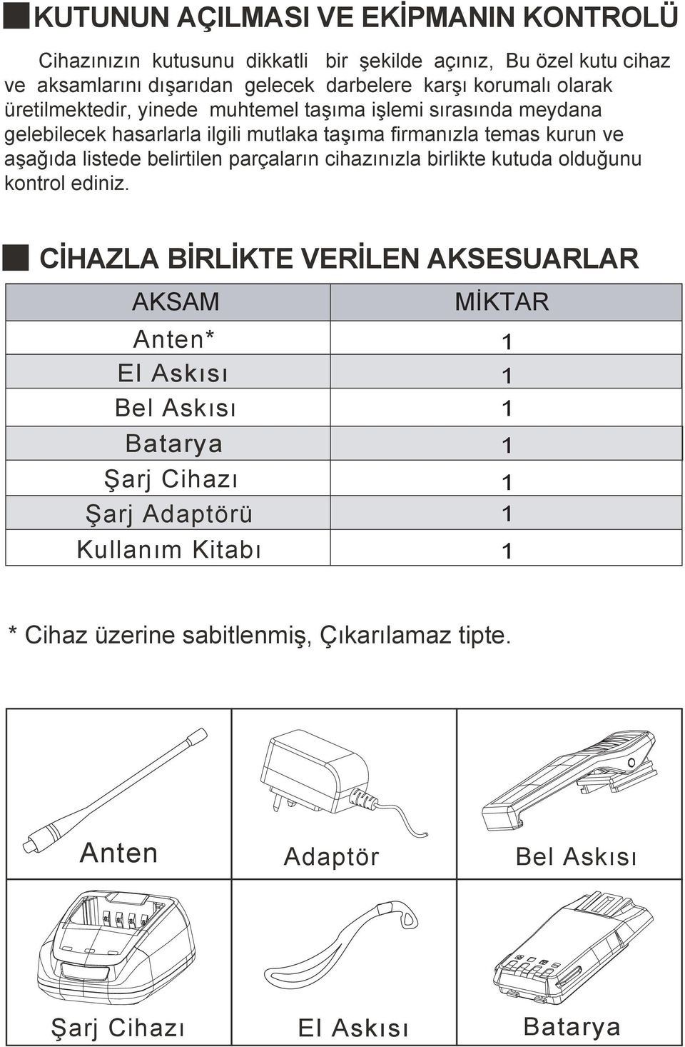 aşağıda listede belirtilen parçaların cihazınızla birlikte kutuda olduğunu kontrol ediniz.