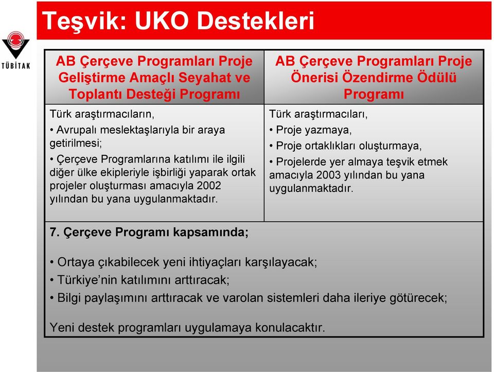 AB Çerçeve Programları Proje Önerisi Özendirme Ödülü Programı Türk araştırmacıları, Proje yazmaya, Proje ortaklıkları oluşturmaya, Projelerde yer almaya teşvik etmek amacıyla 2003 yılından bu yana