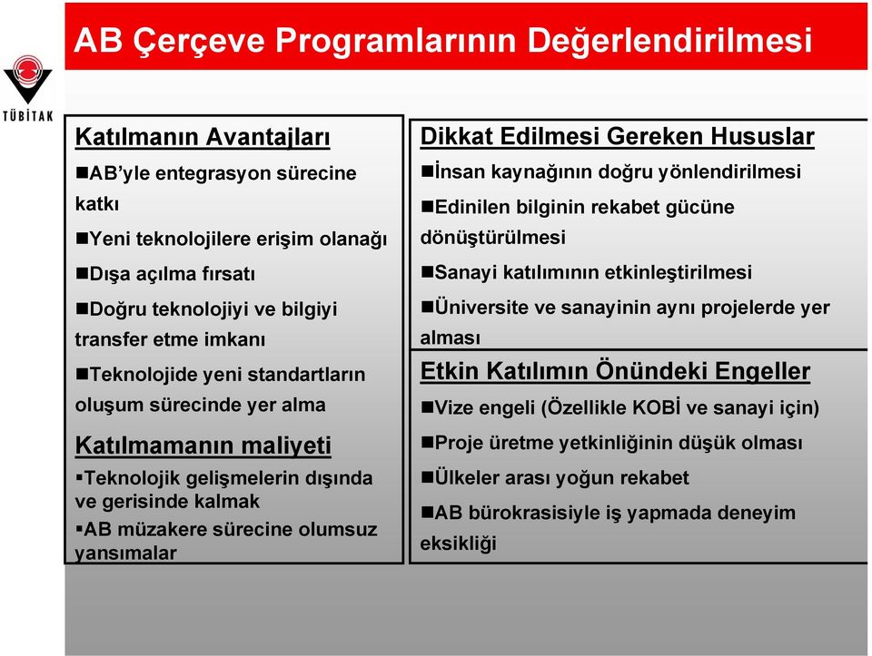 Edilmesi Gereken Hususlar İnsan kaynağının doğru yönlendirilmesi Edinilen bilginin rekabet gücüne dönüştürülmesi Sanayi katılımının etkinleştirilmesi Üniversite ve sanayinin aynı projelerde yer