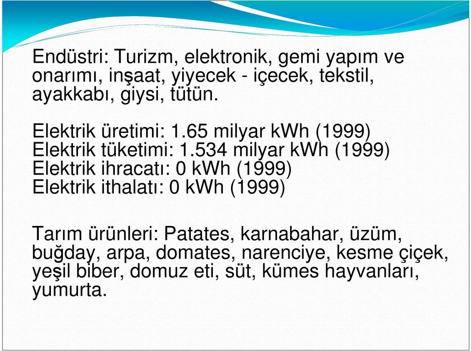 534 milyar kwh (1999) Elektrik ihracatı: 0 kwh (1999) Elektrik ithalatı: 0 kwh (1999) Tarım ürünleri:
