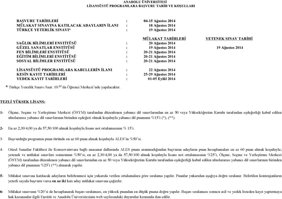 2014 EĞİTİM BİLİMLERİ ENSTİTÜSÜ : 20-21 Ağustos 2014 SOSYAL BİLİMLER ENSTİTÜSÜ : 20-21 Ağustos 2014 LİSANSÜSTÜ PROGRAMLARA KABULLERİN İLANI : 22 Ağustos 2014 KESİN KAYIT TARİHLERİ : 25-29 Ağustos