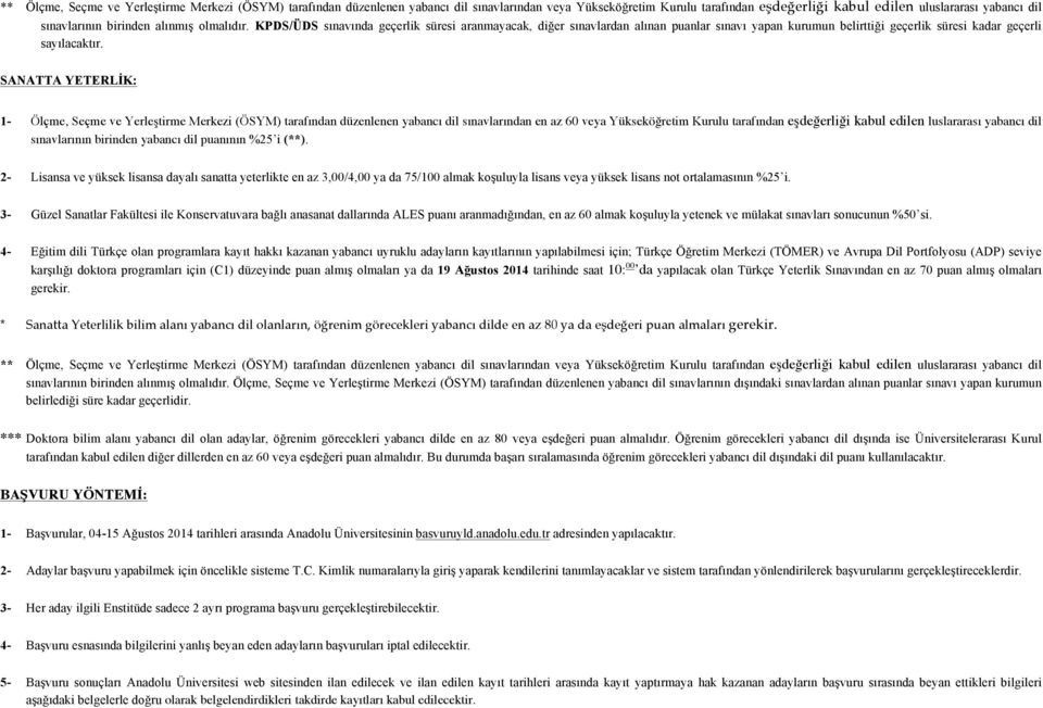 SANATTA YETERLİK: 1- Ölçme, Seçme ve Yerleştirme Merkezi (ÖSYM) tarafından düzenlenen yabancı dil sınavlarından en az 60 veya Yükseköğretim Kurulu tarafından eşdeğerliği kabul edilen luslararası