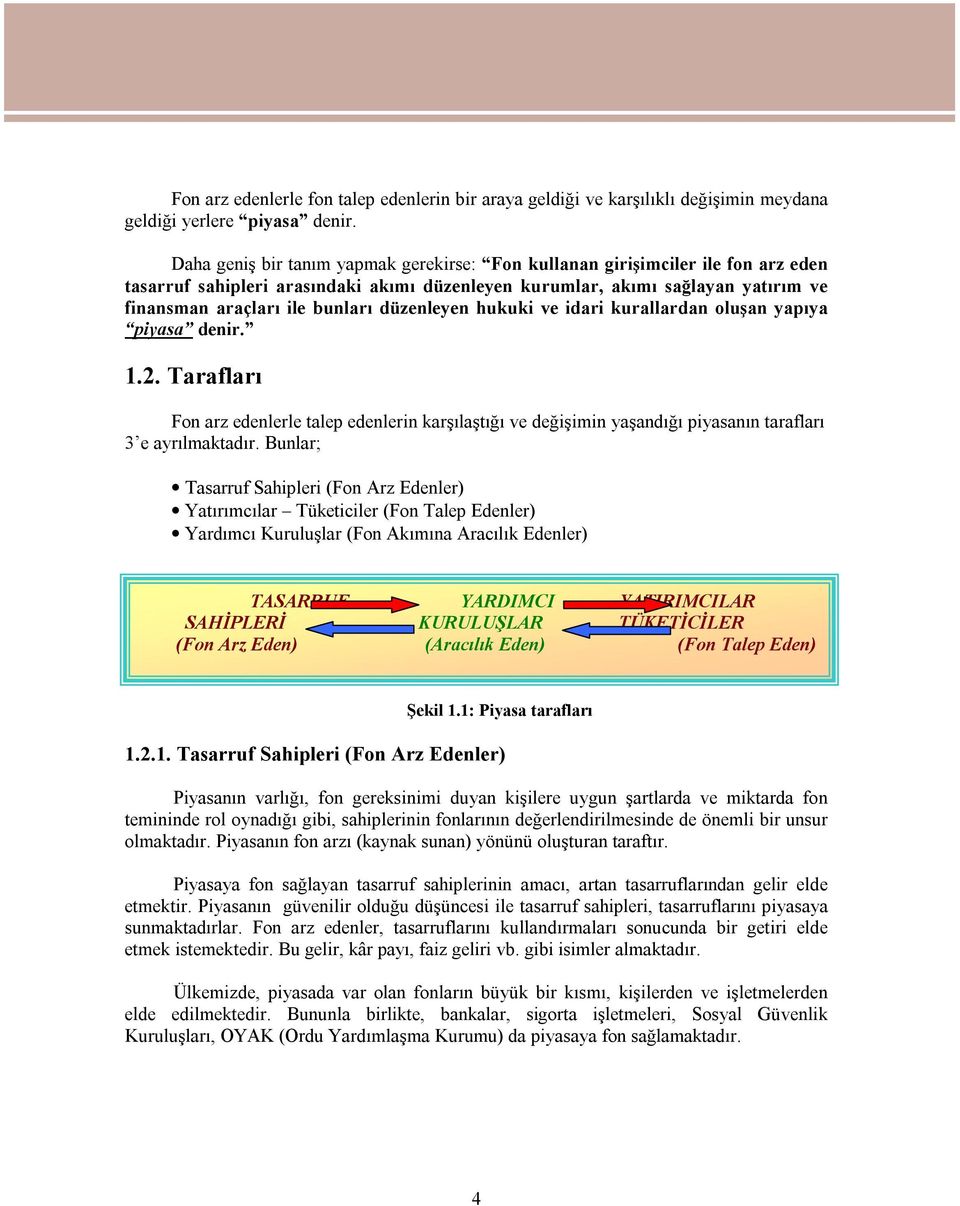 düzenleyen hukuki ve idari kurallardan oluşan yapıya piyasa denir. 1.2. Tarafları Fon arz edenlerle talep edenlerin karşılaştığı ve değişimin yaşandığı piyasanın tarafları 3 e ayrılmaktadır.