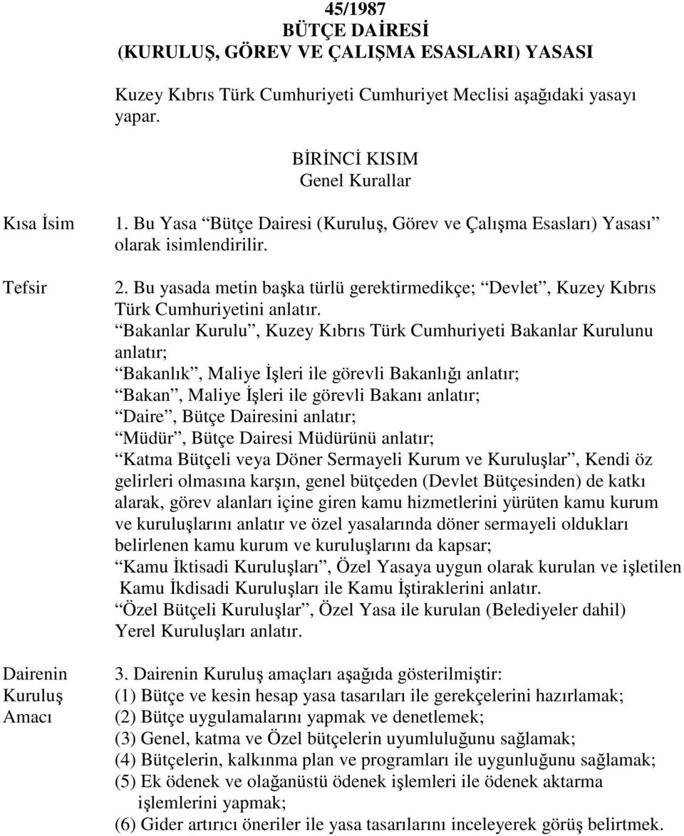 Bu yasada metin başka türlü gerektirmedikçe; Devlet, Kuzey Kıbrıs Türk Cumhuriyetini anlatır.