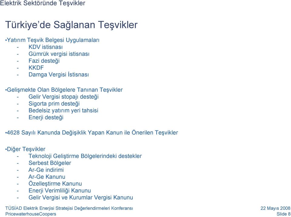 Değişiklik Yapan Kanun ile Önerilen Teşvikler Diğer Teşvikler - Teknoloji Geliştirme Bölgelerindeki destekler - Serbest Bölgeler - Ar-Ge indirimi - Ar-Ge Kanunu - Özelleştirme