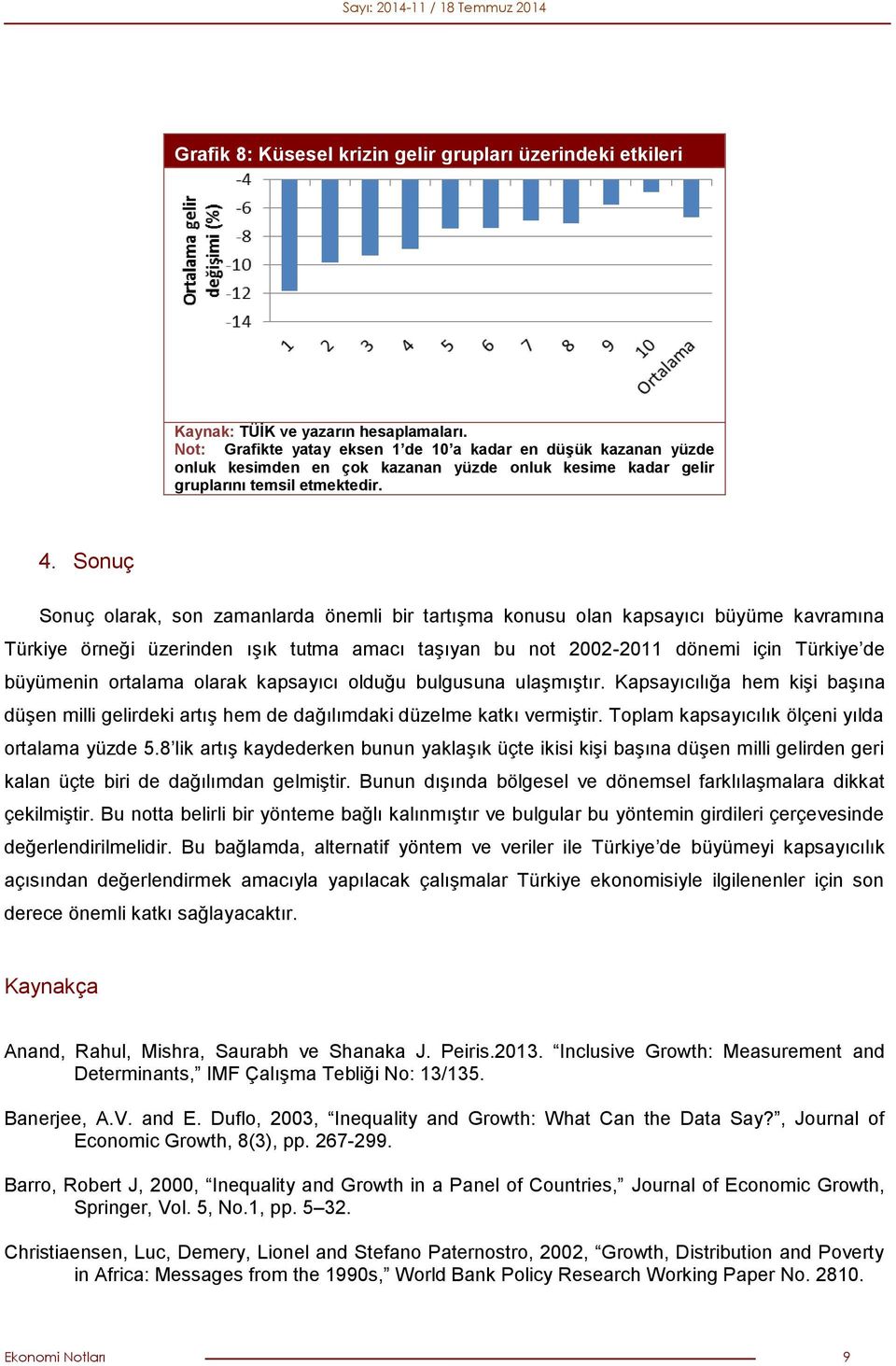 Sonuç Sonuç olarak, son zamanlarda önemli bir tartışma konusu olan kapsayıcı büyüme kavramına Türkiye örneği üzerinden ışık tutma amacı taşıyan bu not 2002-2011 dönemi için Türkiye de büyümenin