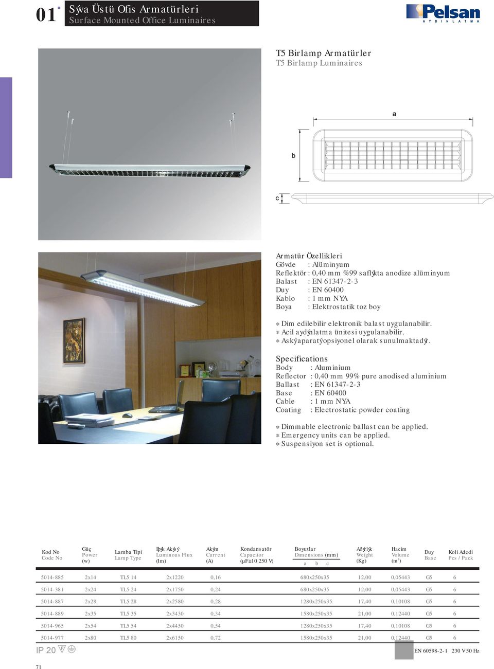 Body : Aluminium Reflector : 0,0 mm % pure anodised aluminium Ballast : EN 37--3 : EN 000 * Suspensiyon set is optional.