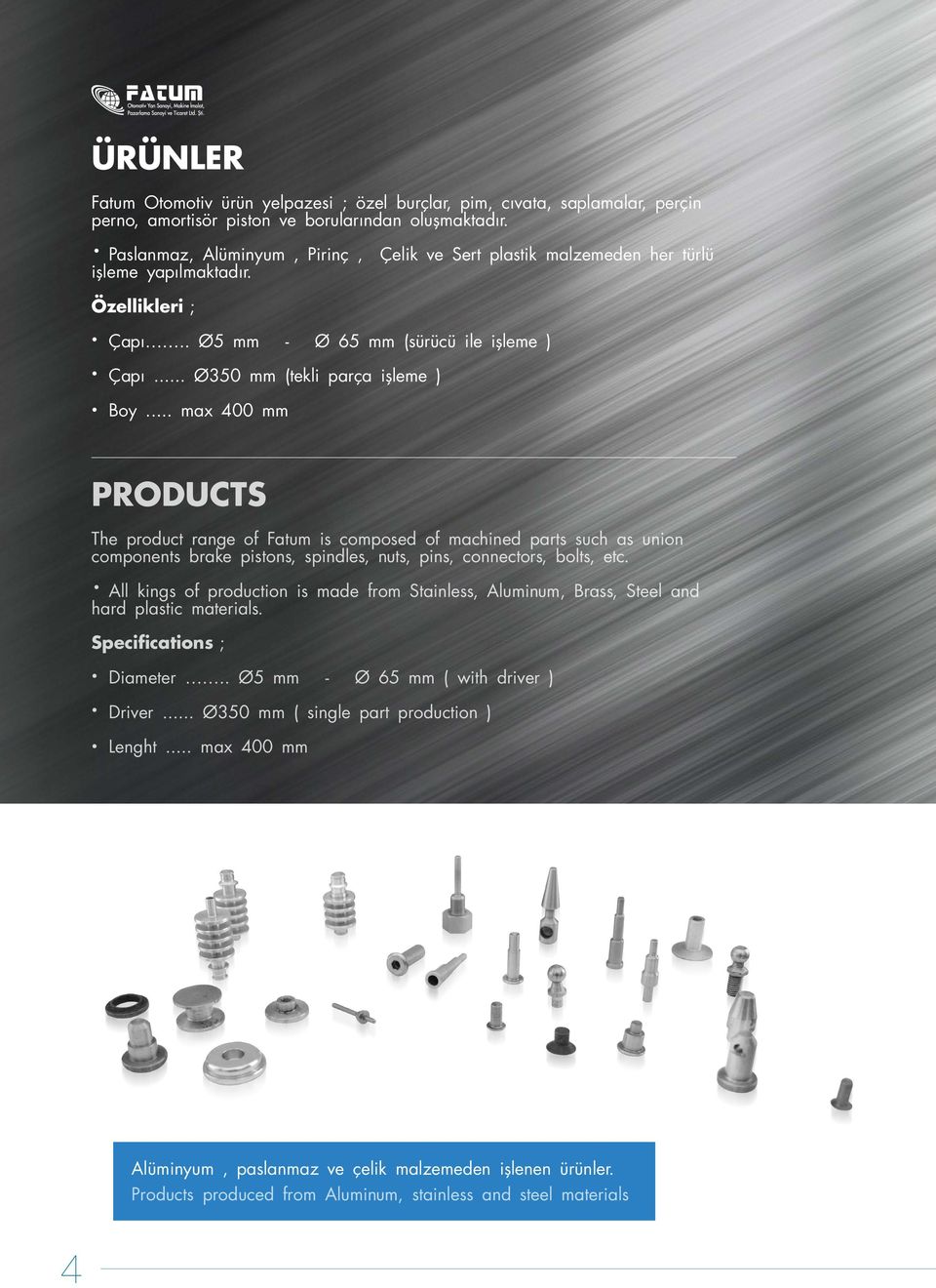 .. max 400 mm PRODUCTS The product range of Fatum is composed of machined parts such as union components brake pistons, spindles, nuts, pins, connectors, bolts, etc.