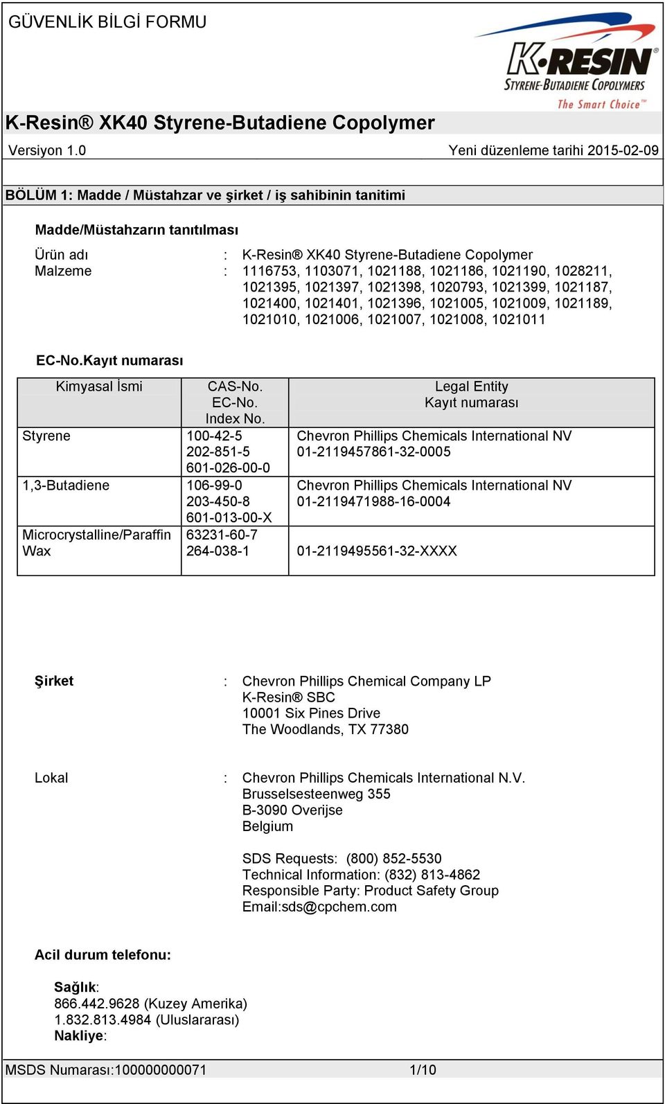 1021011 EC-No.Kayıt numarası Kimyasal Ġsmi CAS-No. EC-No. Index No.