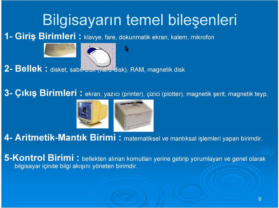 şerit, magnetik teyp, 4- Aritmetik-Mantık Birimi : matematiksel ve mantıksal işlemleri yapan birimdir.