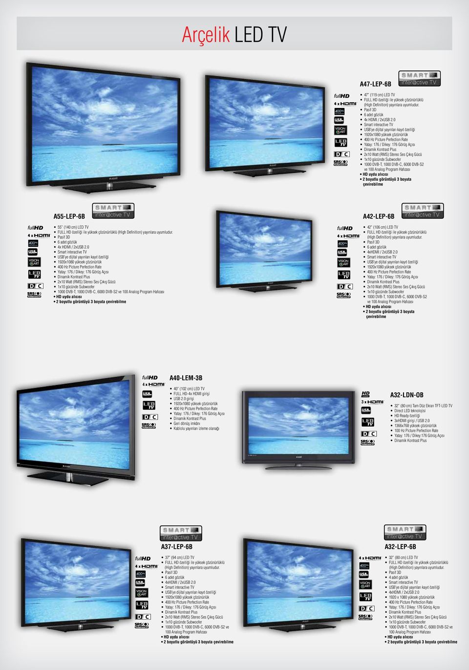 LED TV FULL HD özelliği ile yüksek çözünürlüklü (High Definition) yayınlara uyumludur. Pasif 3D 6 adet gözlük 4x HDMI / xusb.
