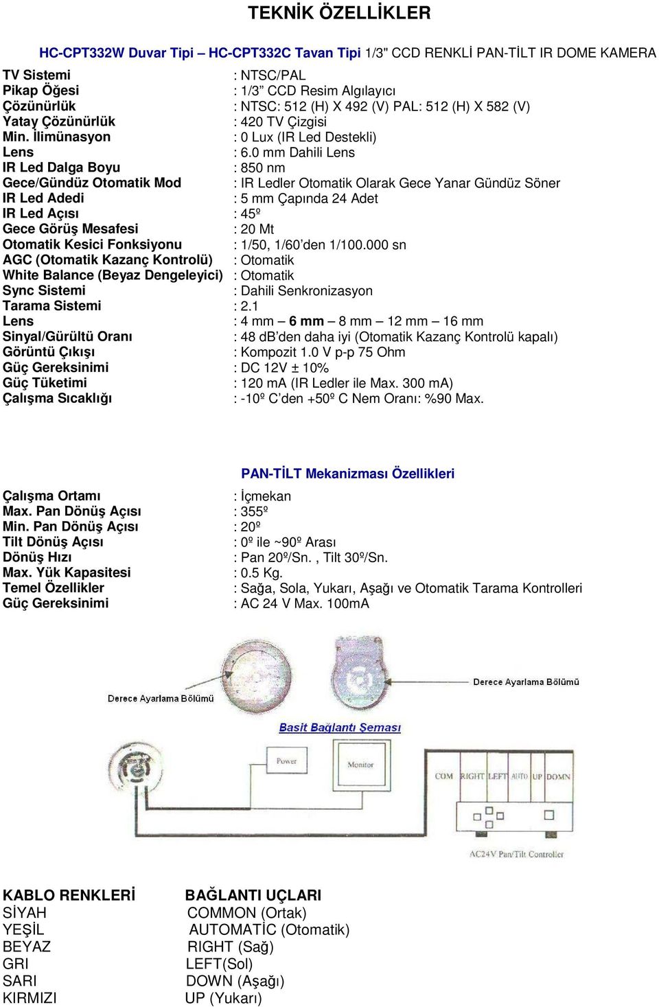 Sync Sistemi Tarama Sistemi Lens Sinyal/Gürültü Oranı Görüntü Çıkışı Güç Gereksinimi Güç Tüketimi Çalışma Sıcaklığı : NTSC/PAL : 1/3 CCD Resim Algılayıcı : NTSC: 512 (H) X 492 (V) PAL: 512 (H) X 582