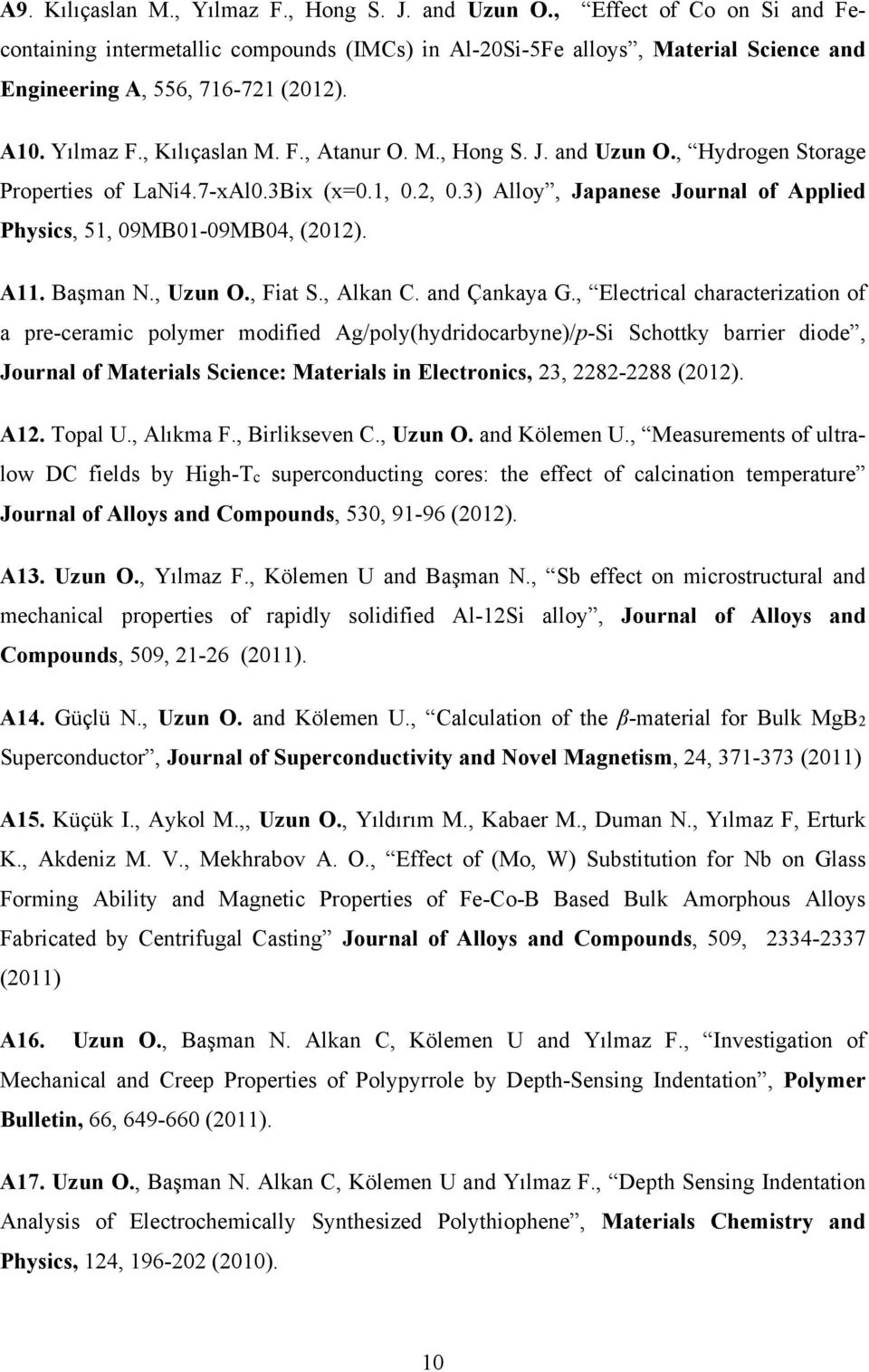 3) Alloy, Japanese Journal of Applied Physics, 51, 09MB01-09MB04, (2012). A11. Başman N., Uzun O., Fiat S., Alkan C. and Çankaya G.