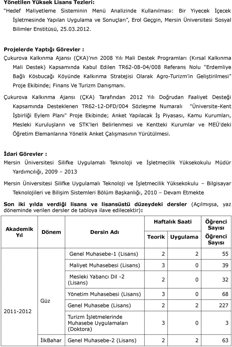 Projelerde Yaptığı Görevler : Çukurova Kalkınma Ajansı (ÇKA) nın 2008 Yılı Mali Destek Programları (Kırsal Kalkınma Mali Destek) Kapsamında Kabul Edilen TR62-08-04/008 Referans Nolu Erdemliye Bağlı