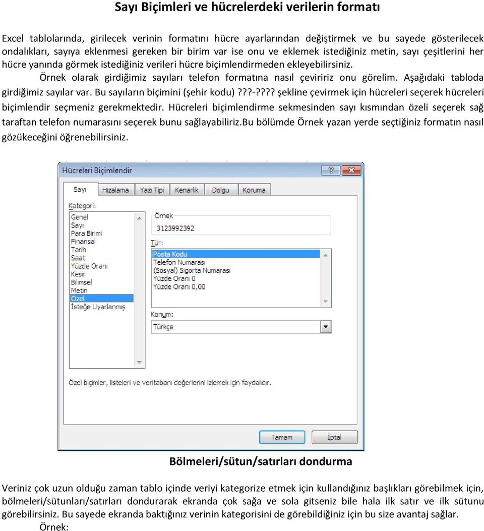 Örnek olarak girdiğimiz sayıları telefon formatına nasıl çeviririz onu görelim. Aşağıdaki tabloda girdiğimiz sayılar var. Bu sayıların biçimini (şehir kodu)???-?