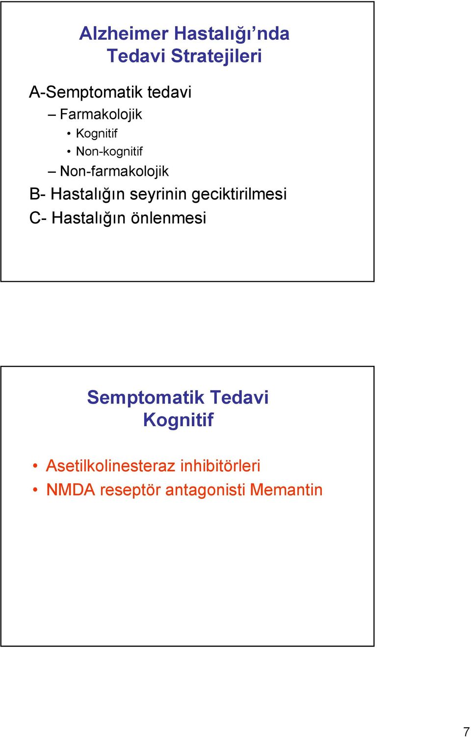 seyrinin geciktirilmesi C- Hastalığın önlenmesi Semptomatik Tedavi