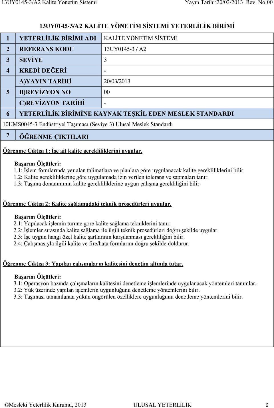 ÖĞRENME ÇIKTILARI Öğrenme Çıktısı 1: İşe ait kalite gerekliliklerini uygular. 1.1: İşlem formlarında yer alan talimatlara ve planlara göre uygulanacak kalite gerekliliklerini bilir. 1.2: Kalite gerekliliklerine göre uygulamada izin verilen tolerans ve sapmaları tanır.