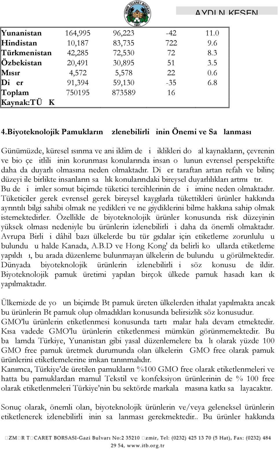 Biyoteknolojik Pamukların zlenebilirliinin Önemi ve Salanması Günümüzde, küresel ısınma ve ani iklim deiiklikleri doal kaynakların, çevrenin ve bio çeitliliinin korunması konularında insan olunun