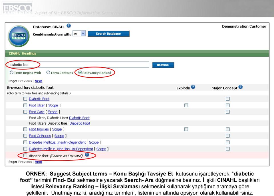 İlişkili CINAHL başlıkları listesi Relevancy Ranking İlişki Sıralaması sekmesini kullanarak