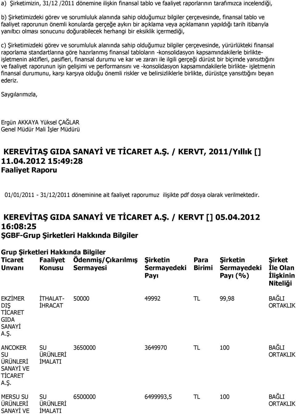 c) ġirketimizdeki görev ve sorumluluk alanında sahip olduğumuz bilgiler çerçevesinde, yürürlükteki finansal raporlama standartlarına göre hazırlanmıģ finansal tabloların -konsolidasyon