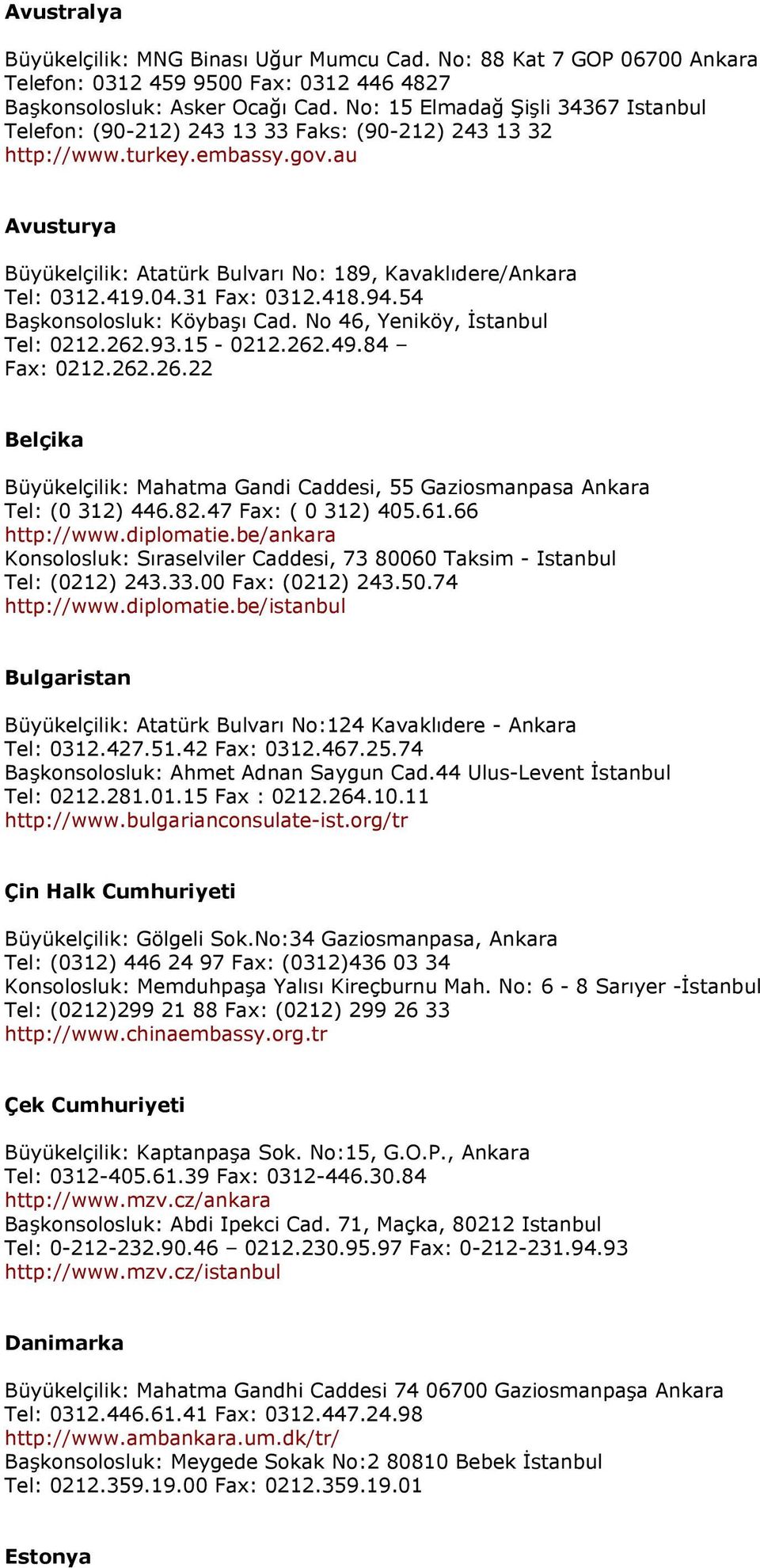 419.04.31 Fax: 0312.418.94.54 Başkonsolosluk: Köybaşı Cad. No 46, Yeniköy, İstanbul Tel: 0212.262.93.15-0212.262.49.84 Fax: 0212.262.26.22 Belçika Büyükelçilik: Mahatma Gandi Caddesi, 55 Gaziosmanpasa Ankara Tel: (0 312) 446.