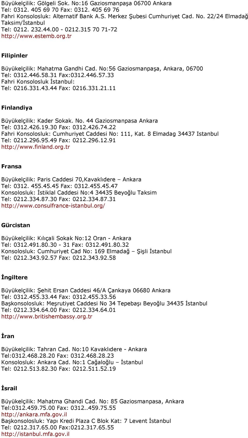 33 Fahri Konsolosluk İstanbul: Tel: 0216.331.43.44 Fax: 0216.331.21.11 Finlandiya Büyükelçilik: Kader Sokak. No. 44 Gaziosmanpasa Ankara Tel: 0312.426.19.30 Fax: 0312.426.74.
