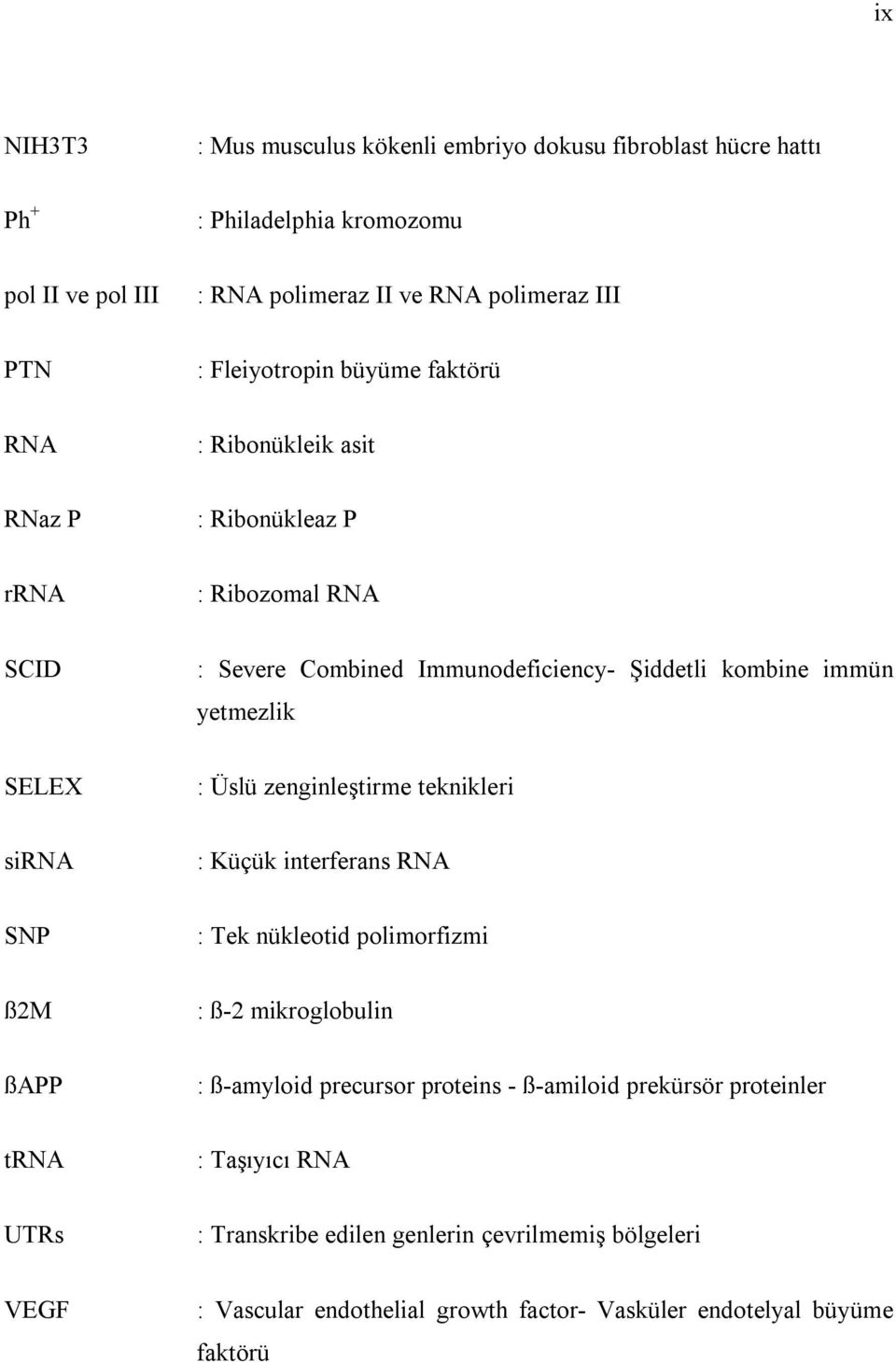 SELEX : Üslü zenginleştirme teknikleri sirna : Küçük interferans RNA SNP : Tek nükleotid polimorfizmi ß2M : ß-2 mikroglobulin ßAPP : ß-amyloid precursor proteins -