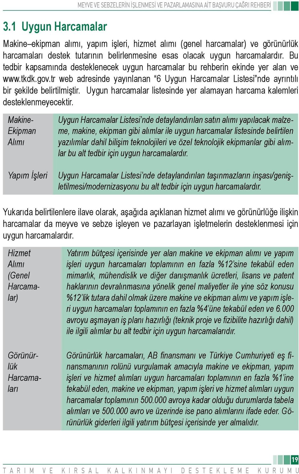 tr web adresinde yayınlanan 6 Uygun Harcamalar Listesi nde ayrıntılı bir şekilde belirtilmiştir. Uygun harcamalar listesinde yer alamayan harcama kalemleri desteklenmeyecektir.