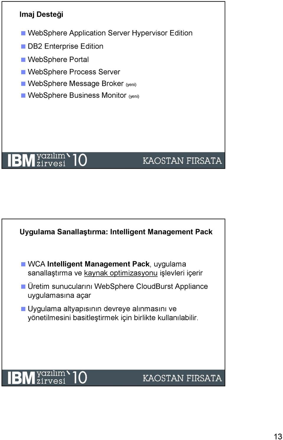 Management Pack, uygulama sanallaştırma ve kaynak optimizasyonu işlevleri içerir Üretim sunucularını WebSphere CloudBurst Appliance