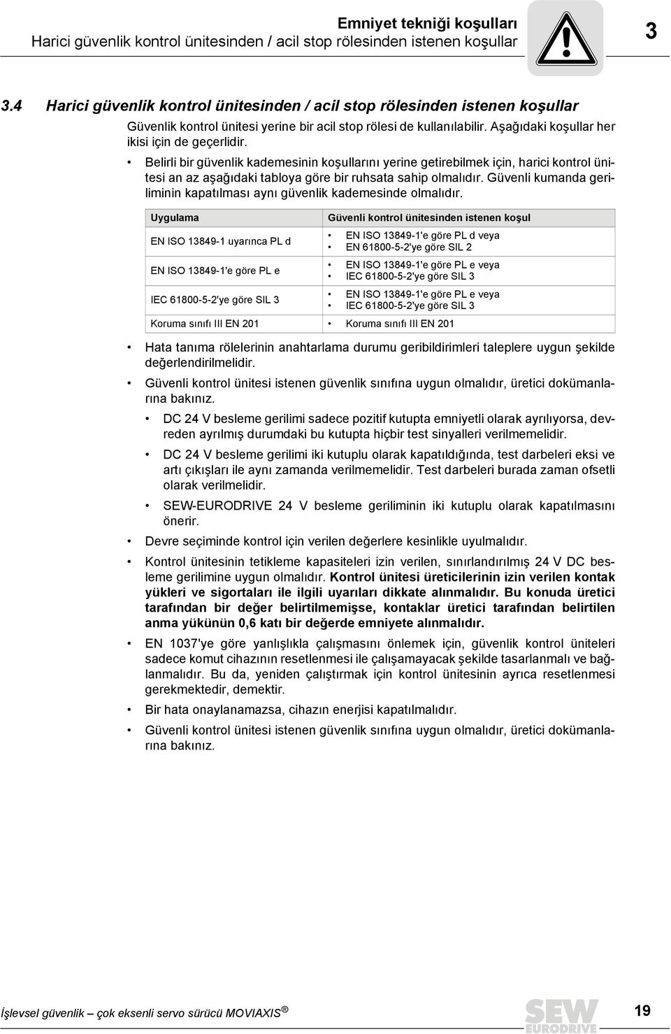 Belirli bir güvenlik kademesinin koşullarını yerine getirebilmek için, harici kontrol ünitesi an az aşağıdaki tabloya göre bir ruhsata sahip olmalıdır.