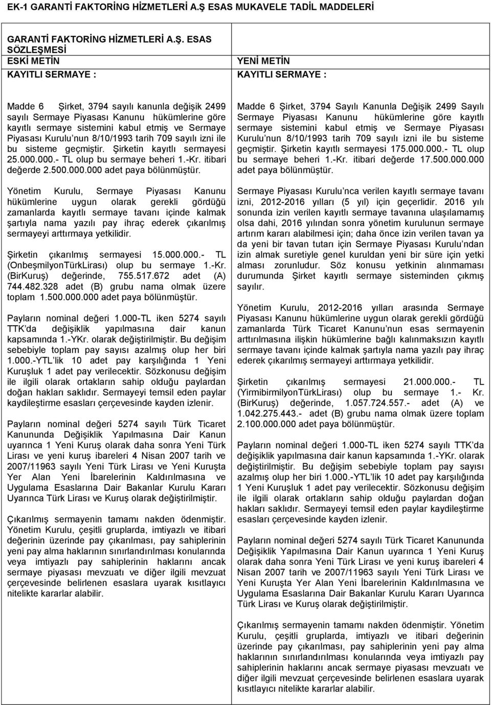 ESAS SÖZLEŞMESİ ESKİ METİN KAYITLI SERMAYE : YENİ METİN KAYITLI SERMAYE : Madde 6 Şirket, 3794 sayılı kanunla değişik 2499 sayılı Sermaye Piyasası Kanunu hükümlerine göre kayıtlı sermaye sistemini