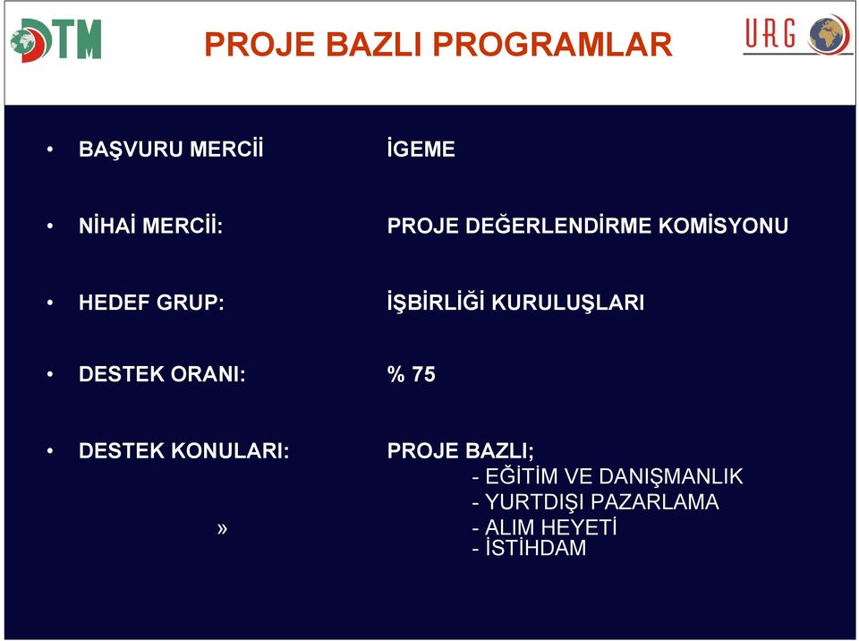 KURULUŞLARI DESTEK ORANI: % 75 DESTEK KONULARI: PROJE