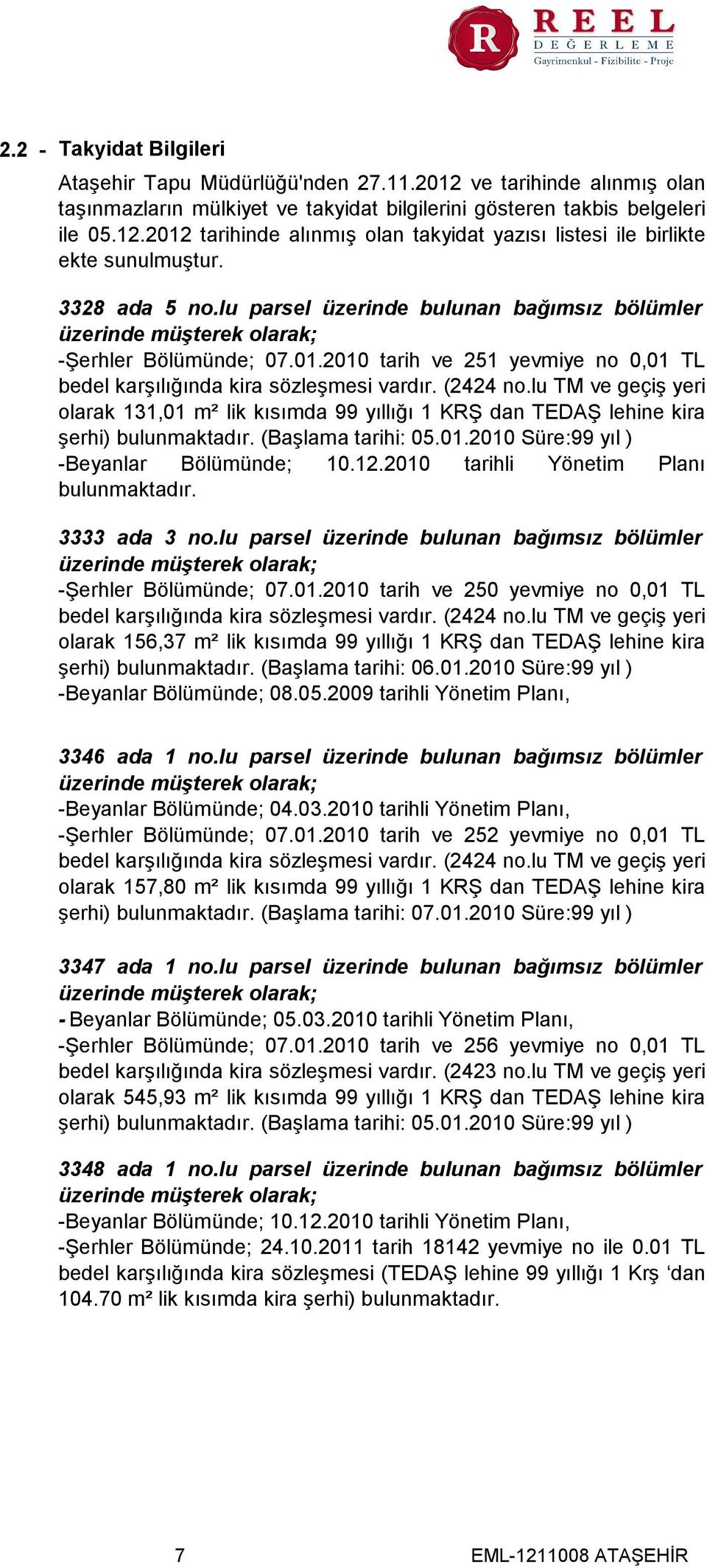 lu TM ve geçiş yeri olarak 131,01 m² lik kısımda 99 yıllığı 1 KRŞ dan TEDAŞ lehine kira şerhi) bulunmaktadır. (Başlama tarihi 05.01.2010 Süre99 yıl ) -Beyanlar Bölümünde; 10.12.