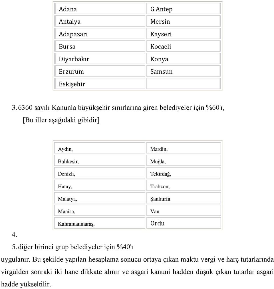 Manisa, Mardin, Muğla, Tekirdağ, Trabzon, Şanlıurfa Van Kahramanmaraş, Ordu 4. 5. diğer birinci grup belediyeler için %40'ı uygulanır.