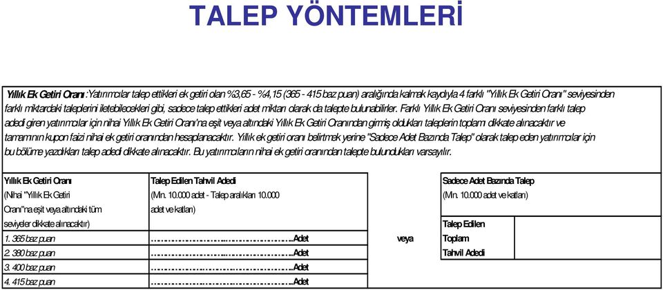 Farklı Yıllık Ek Getiri Oranı seviyesinden farklı talep adedi giren yatırımcılar için nihai Yıllık Ek Getiri Oranı'na eşit veya altındaki Yıllık Ek Getiri Oranından girmiş oldukları taleplerin