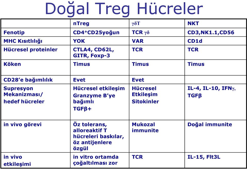 Evet Evet Supresyon Hücresel etkileşim Hücresel IL-4, IL-10, IFNγ, Mekanizması/ Granzyme B ye Etkileşim TGFβ hedef hücreler bağımlı