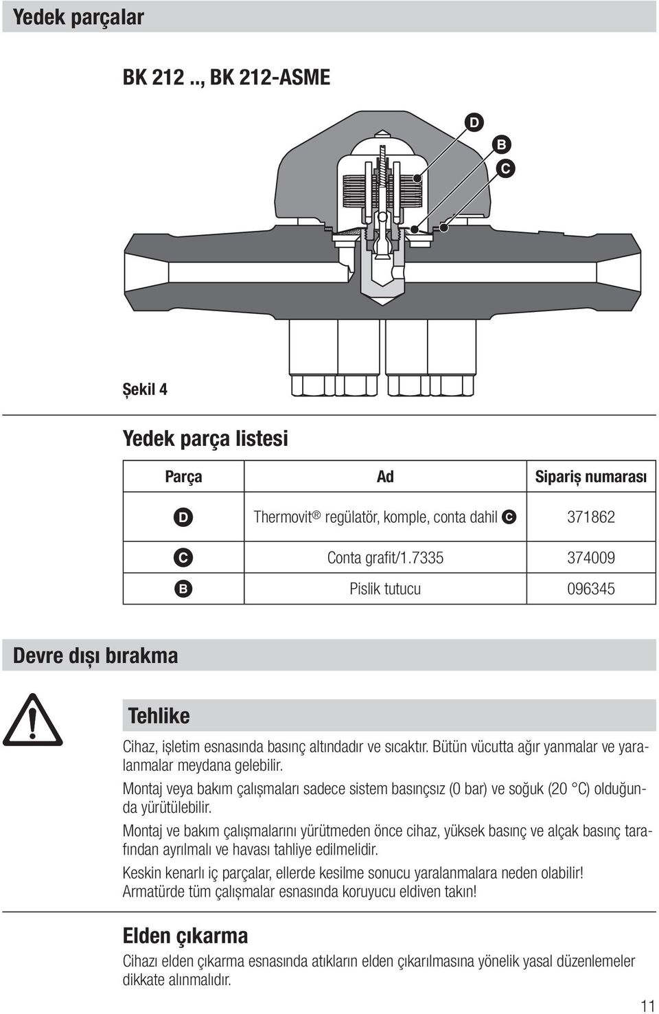 Montaj veya bakım çalışmaları sadece sistem basınçsız (0 bar) ve soğuk (20 C) olduğunda yürütülebilir.