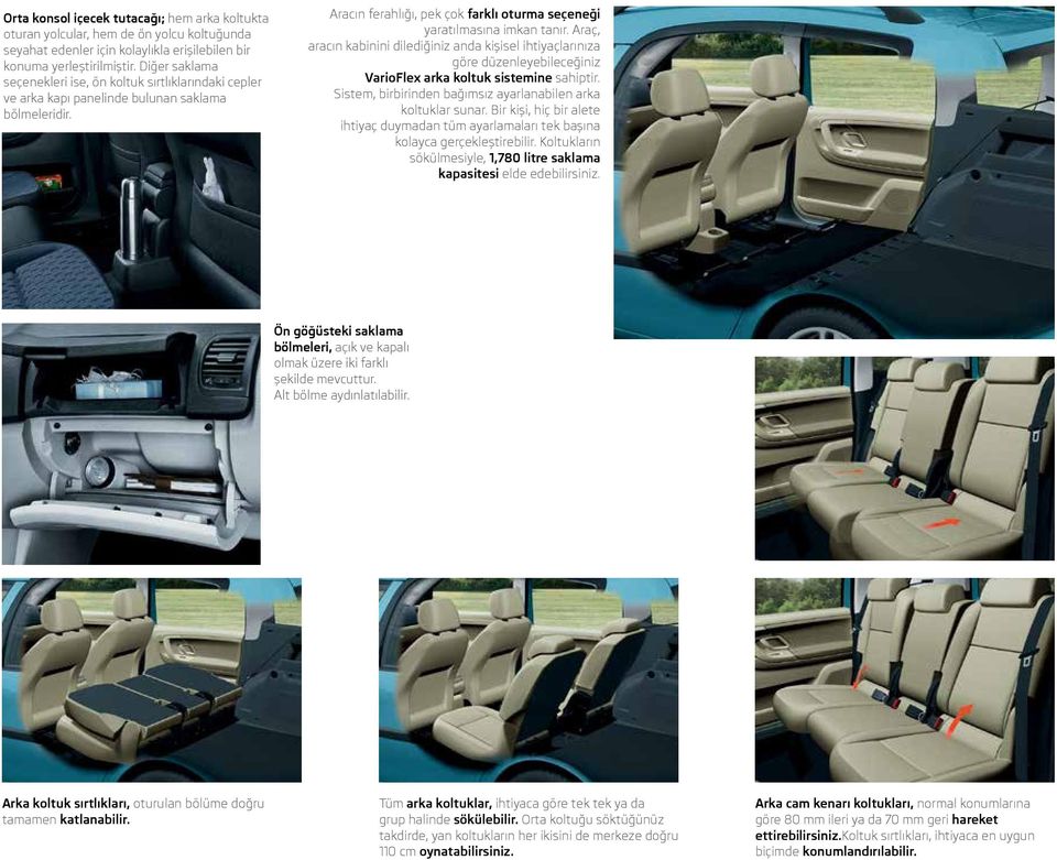 Araç, aracın kabinini dilediğiniz anda kişisel ihtiyaçlarınıza göre düzenleyebileceğiniz VarioFlex arka koltuk sistemine sahiptir. Sistem, birbirinden bağımsız ayarlanabilen arka koltuklar sunar.